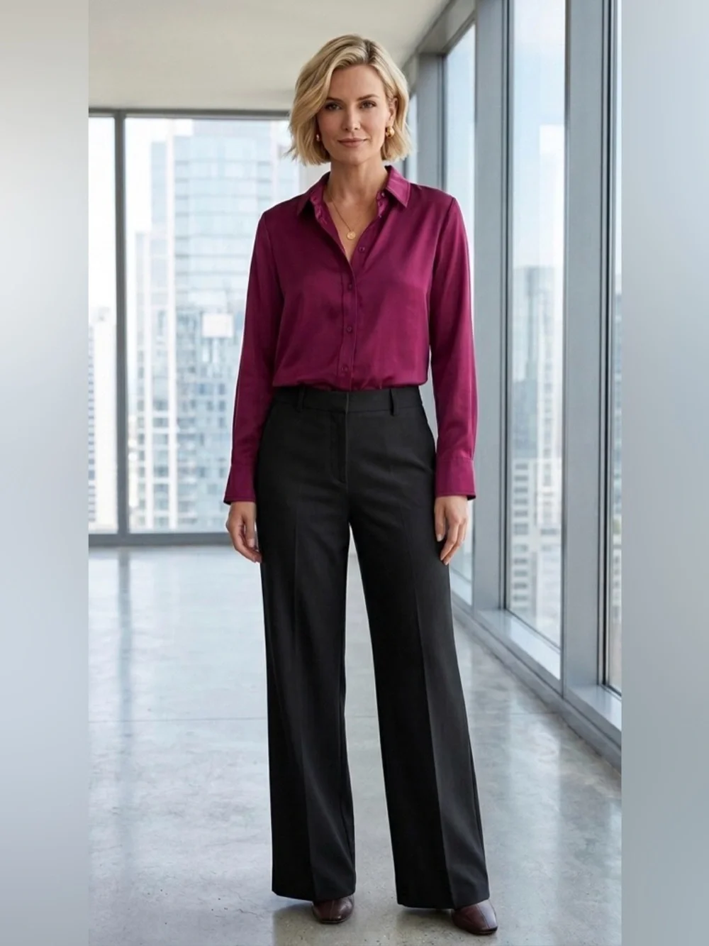 7 For All Mankind Women’s Satin Button Down Shirt – Deep Berry / Merlot